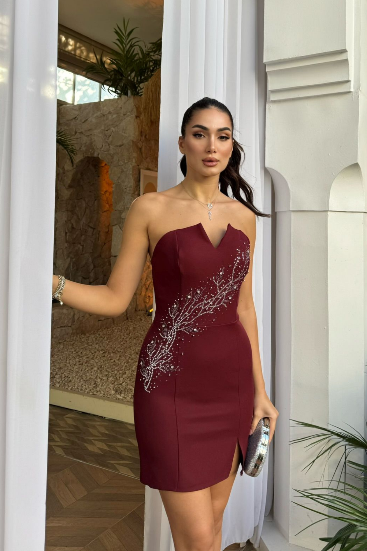 Narin Taş Detay İşlemeli Mini Elbise 9369 BORDO