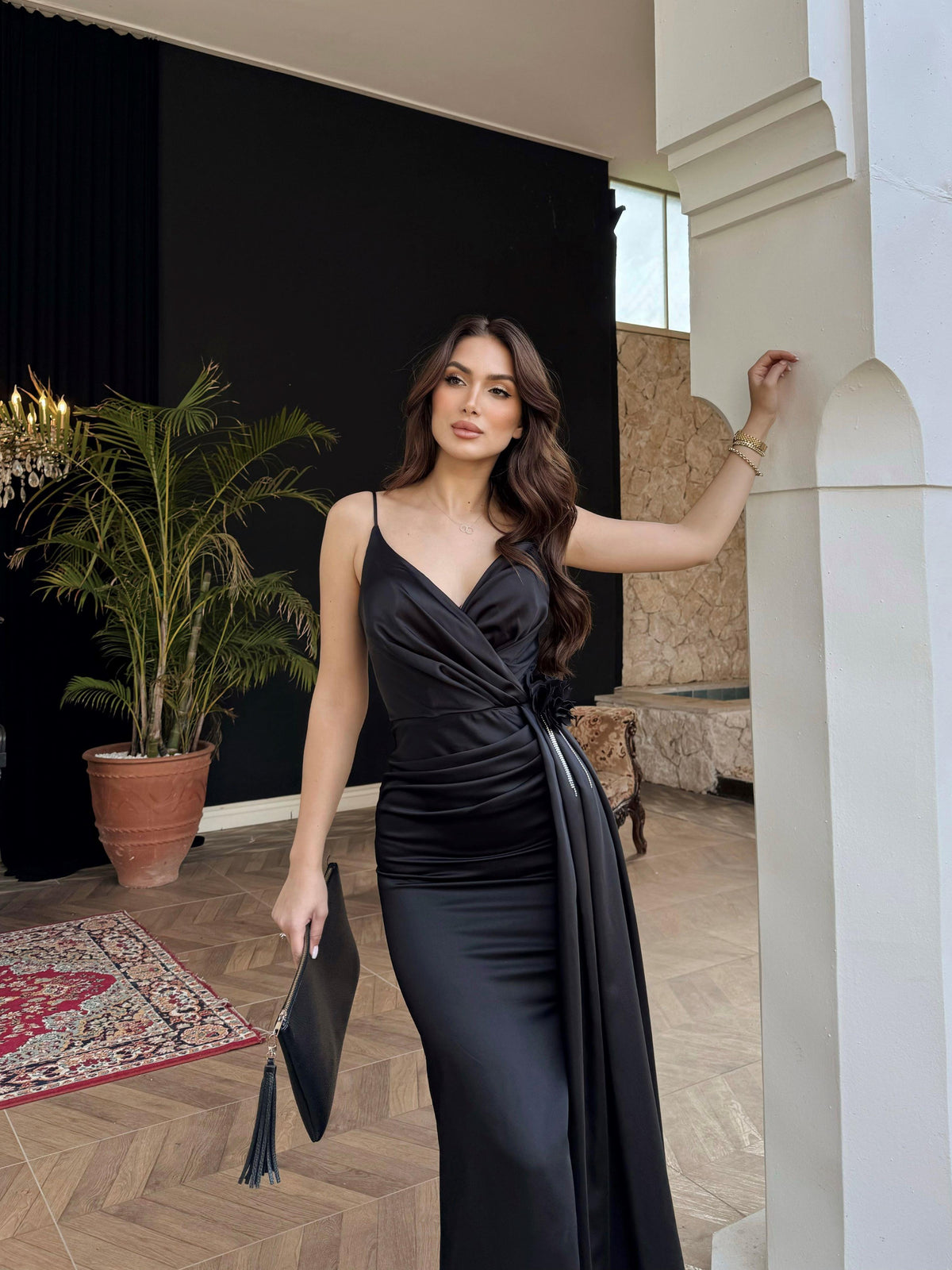 Nathalie İp Askılı Çiçek Tasarım Abiye 1018 SİYAH