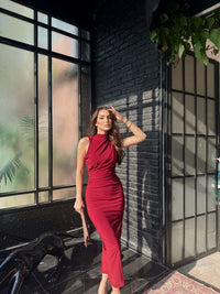 Nehir Yırtmaçlı Sandy Elbise 13287 BORDO
