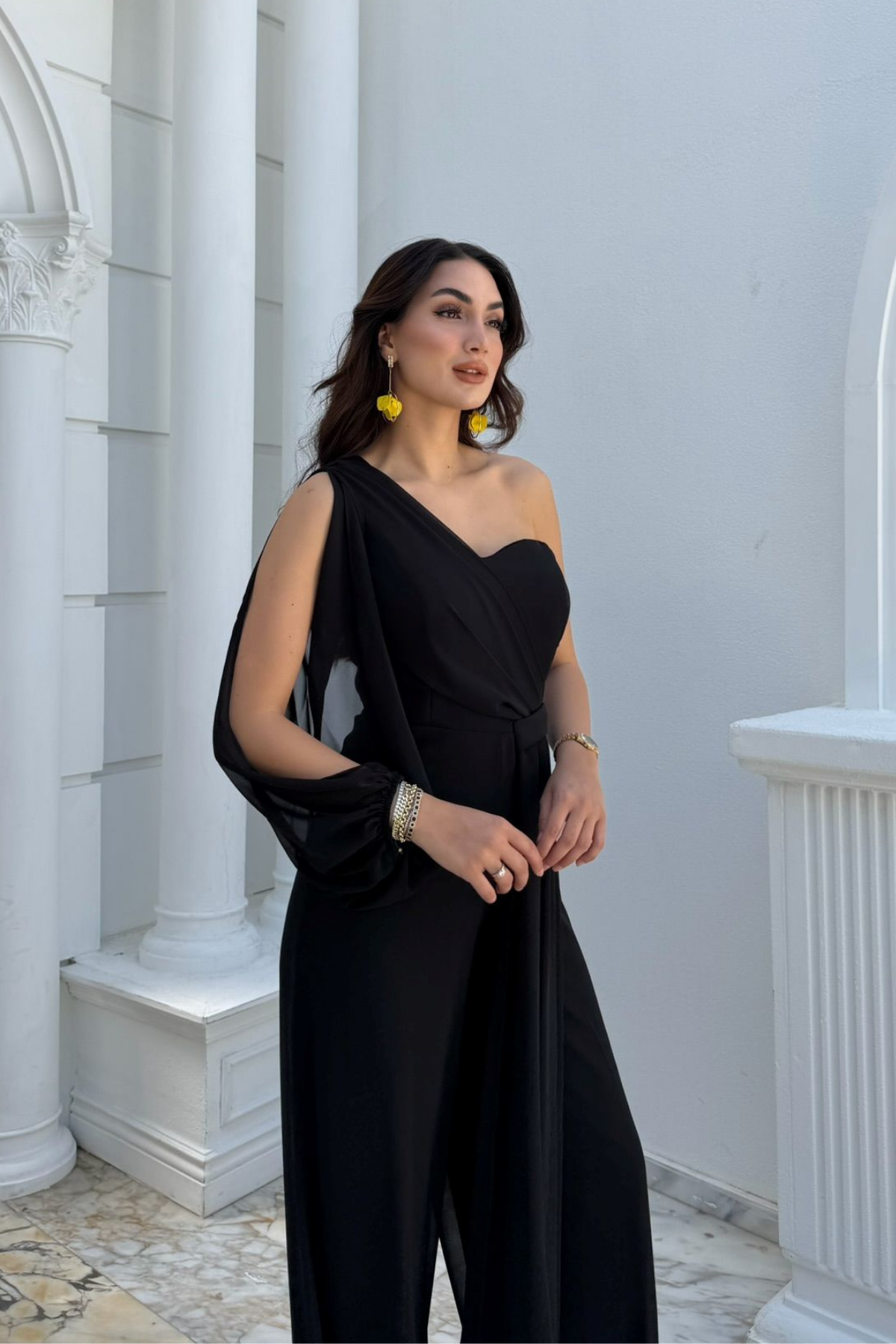 Nera Tek Kol Bağlamalı Şifon Tulum 9389 SİYAH