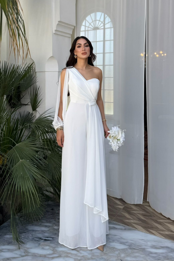Nera Tek Kol Bağlamalı Şifon Tulum 9389 BEYAZ