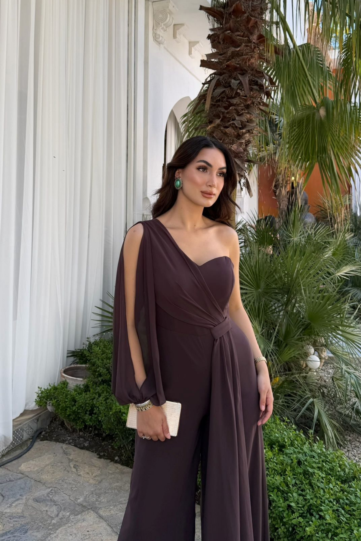 Nera Tek Kol Bağlamalı Şifon Tulum 9389 ACI KAHVE
