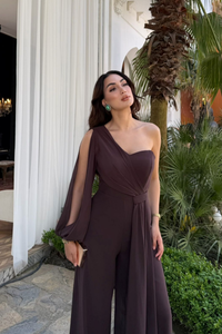 Nera Tek Kol Bağlamalı Şifon Tulum 9389 ACI KAHVE