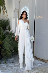 Nera Tek Kol Bağlamalı Şifon Tulum 9389 BEYAZ