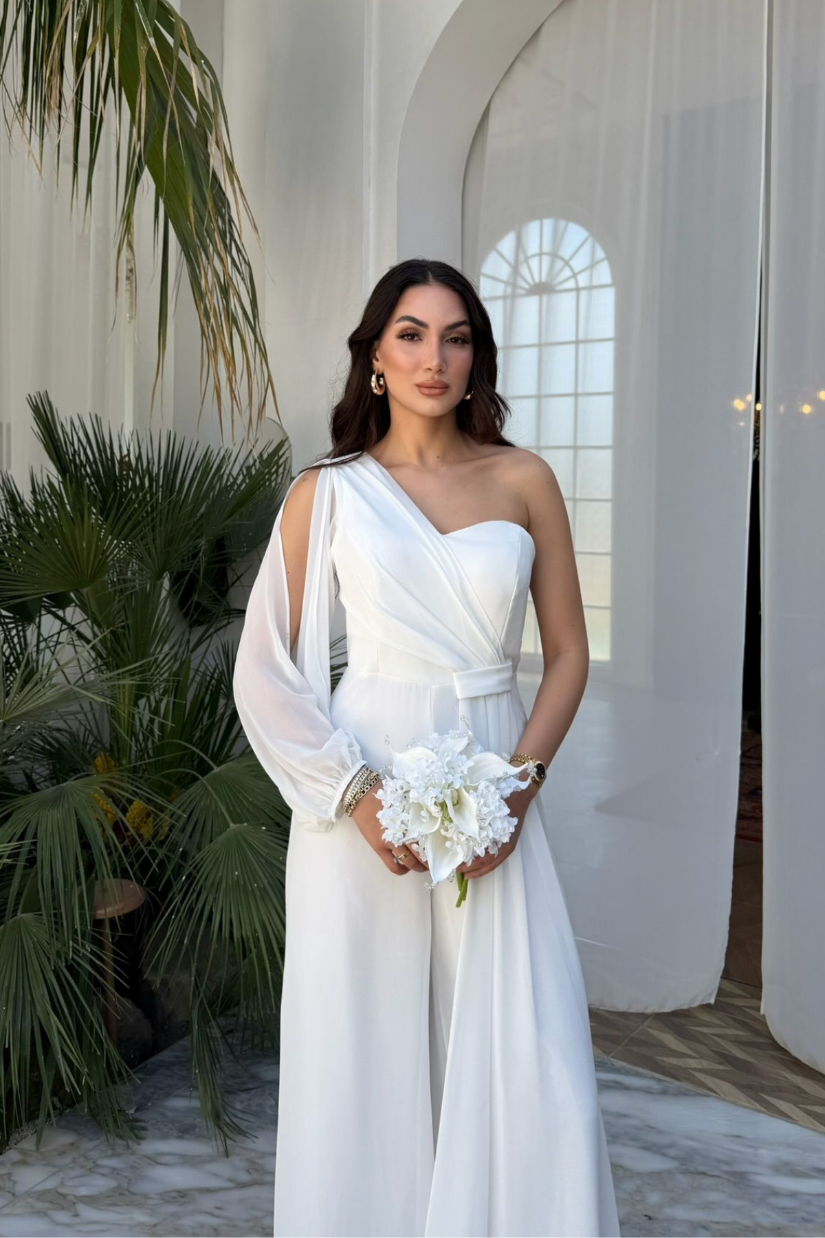 Nera Tek Kol Bağlamalı Şifon Tulum 9389 BEYAZ