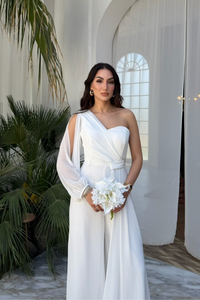 Nera Tek Kol Bağlamalı Şifon Tulum 9389 BEYAZ