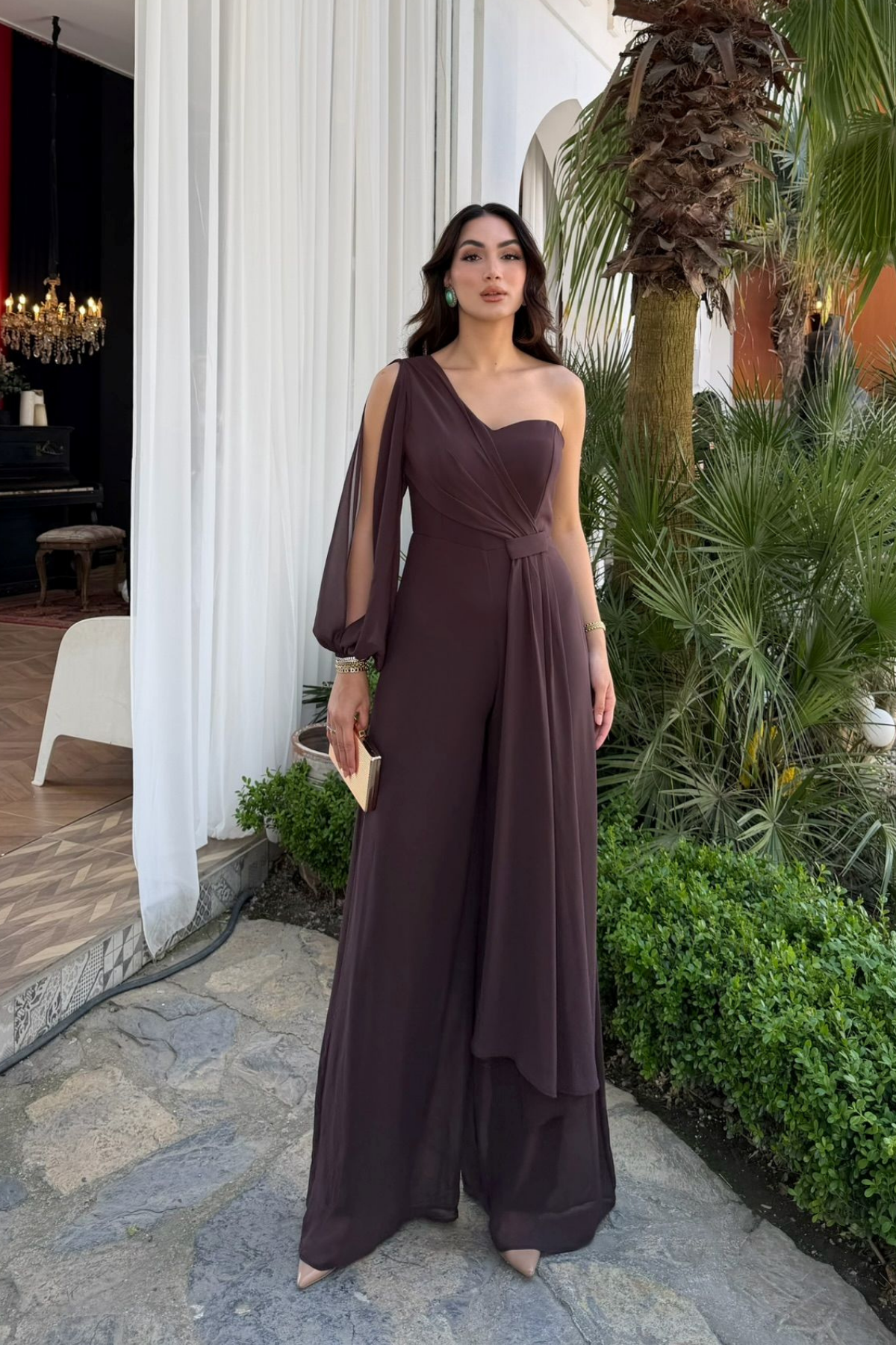 Nera Tek Kol Bağlamalı Şifon Tulum 9389 ACI KAHVE