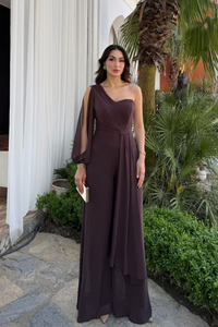 Nera Tek Kol Bağlamalı Şifon Tulum 9389 ACI KAHVE