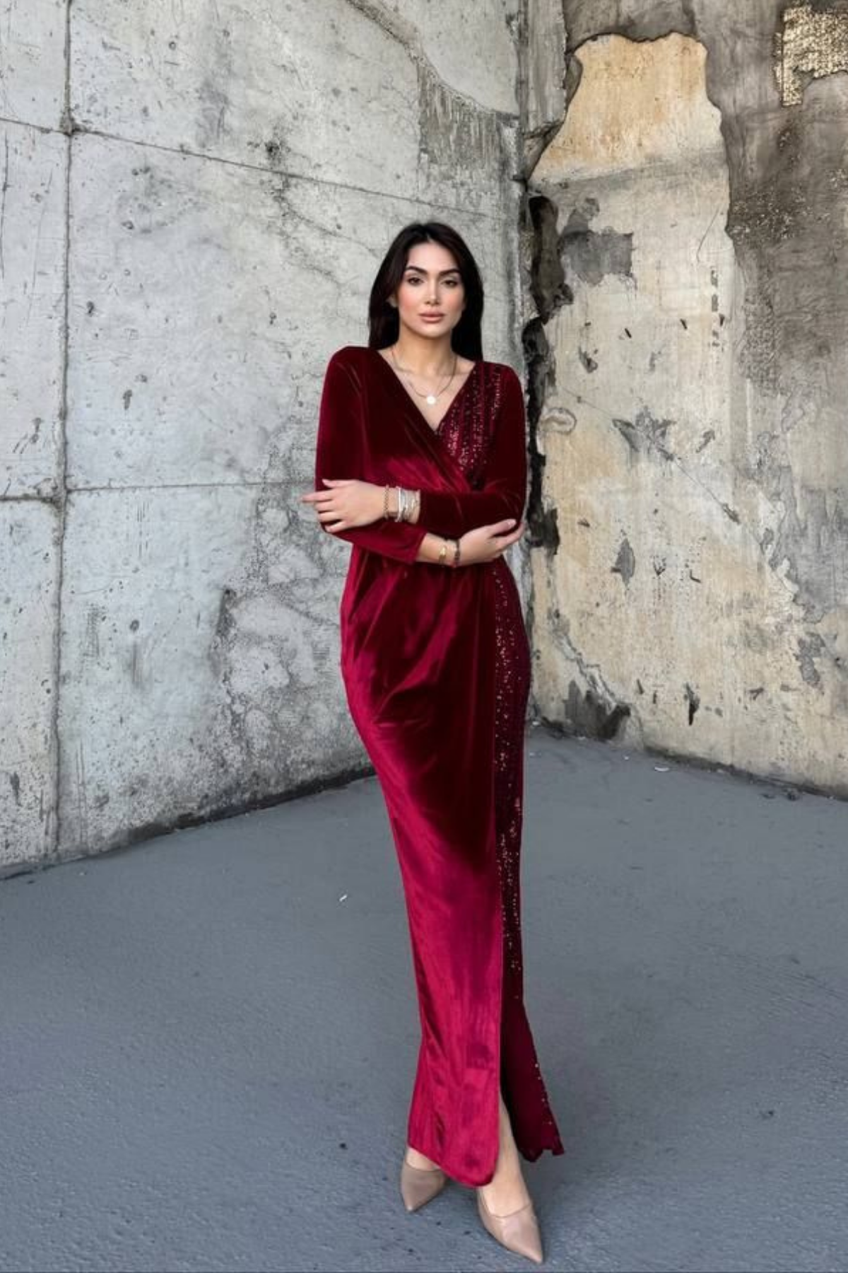 Nerie Payet İşleme Detay Kadife Abiye BORDO  45594
