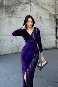 Nerie Payet İşleme Detay Kadife Abiye MOR 45594