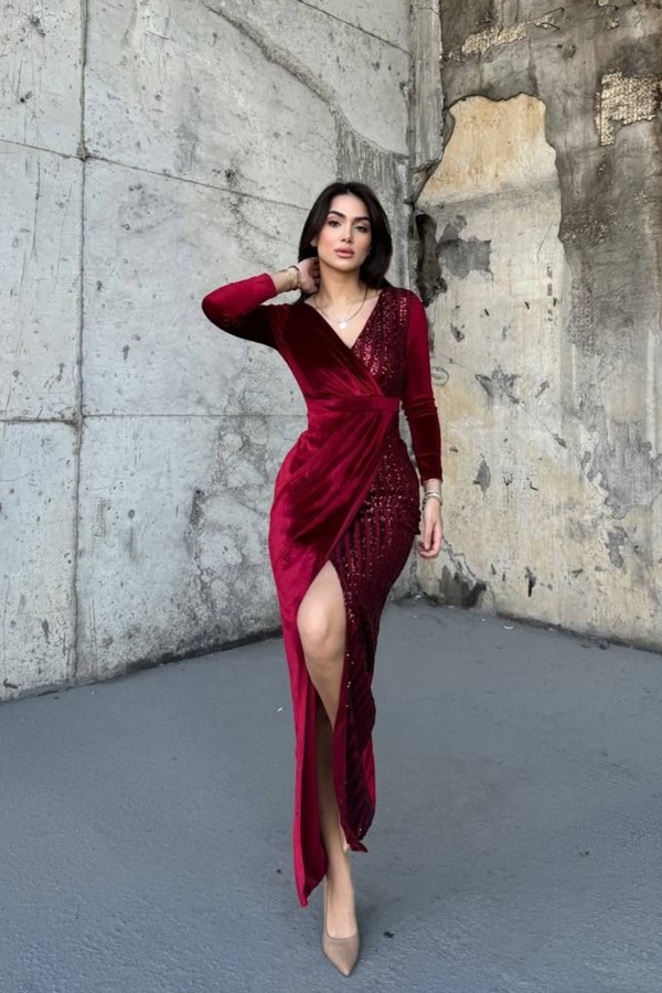 Nerie Payet İşleme Detay Kadife Abiye BORDO  45594