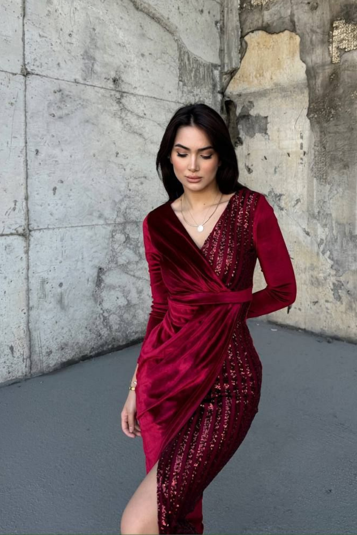 Nerie Payet İşleme Detay Kadife Abiye BORDO  45594