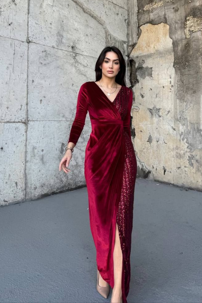 Nerie Payet İşleme Detay Kadife Abiye BORDO  45594