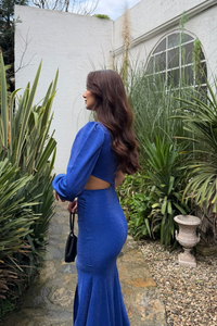 Nilsu Tek Omuz Tasarım Simli Abiye 583061 SAKS MAVİSİ