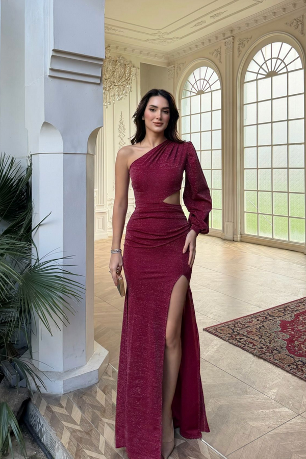 Nilsu Tek Omuz Tasarım Simli Abiye 583061 KIRMIZI