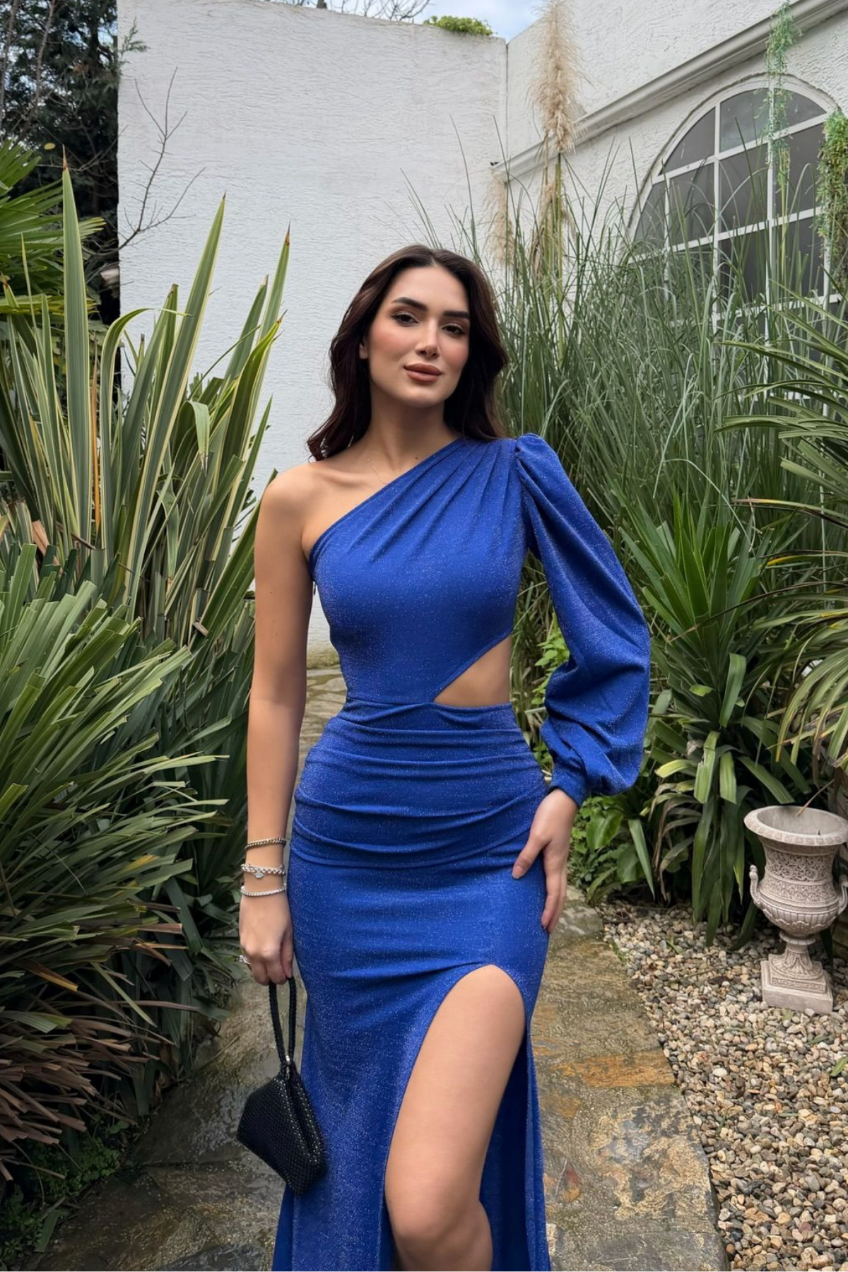 Nilsu Tek Omuz Tasarım Simli Abiye 583061 SAKS MAVİSİ