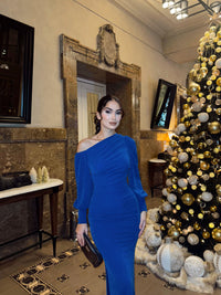 Nova Simli Kumaş Tek Kol Abiye 583049  SAKS MAVİSİ