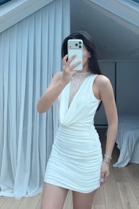 Nutty Degaje Yaka Güpür Mini Elbise 4110 BEYAZ