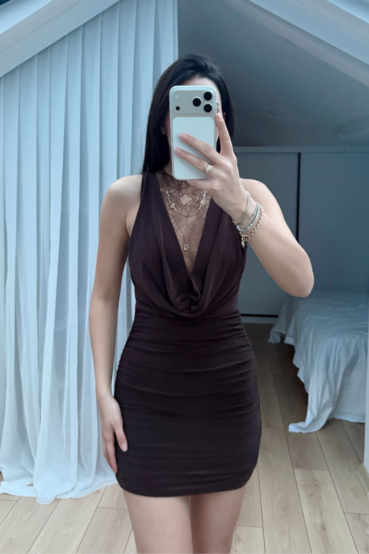 Nutty Degaje Yaka Güpür Mini Elbise 4110 ACI KAHVE