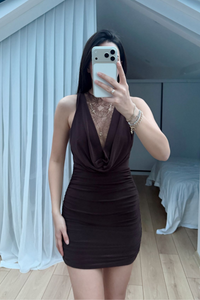 Nutty Degaje Yaka Güpür Mini Elbise 4110 ACI KAHVE