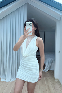 Nutty Degaje Yaka Güpür Mini Elbise 4110 BEYAZ