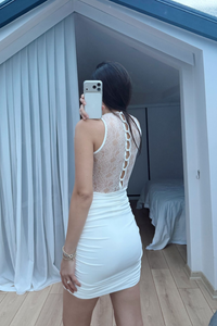Nutty Degaje Yaka Güpür Mini Elbise 4110 BEYAZ