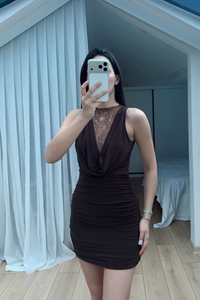 Nutty Degaje Yaka Güpür Mini Elbise 4110 ACI KAHVE