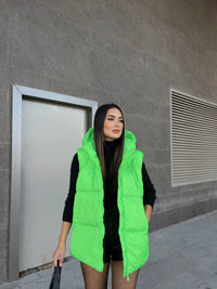 Oversize Fermuar Detay Kapitone Şişme Yelek 2023 NEON YEŞİL