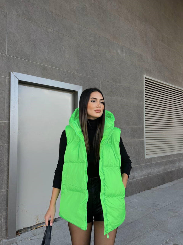 Oversize Fermuar Detay Kapitone Şişme Yelek 2023 NEON YEŞİL