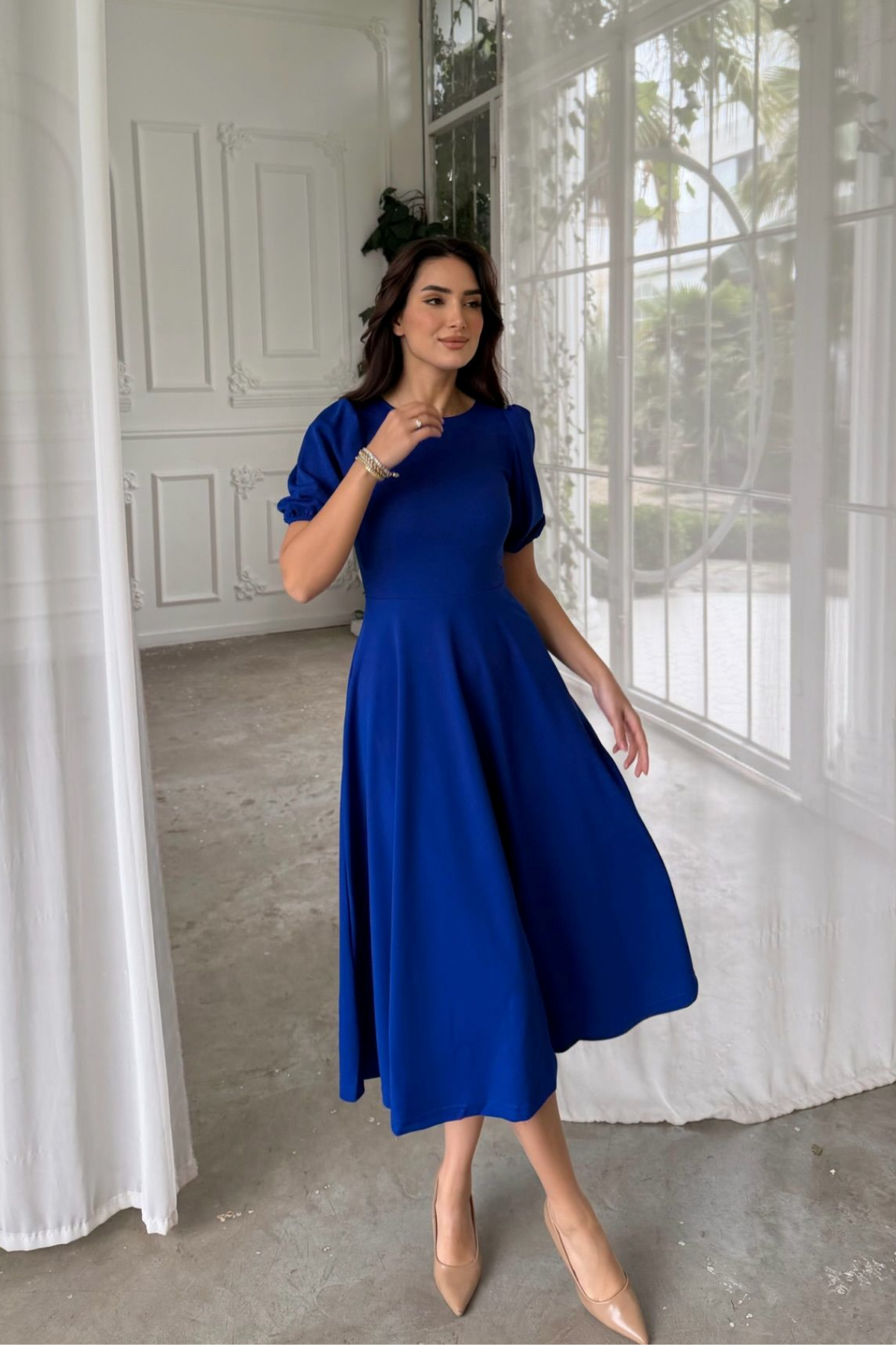 Öykü Karpuz Kol Midi Elbise 583151 SAKS MAVİSİ