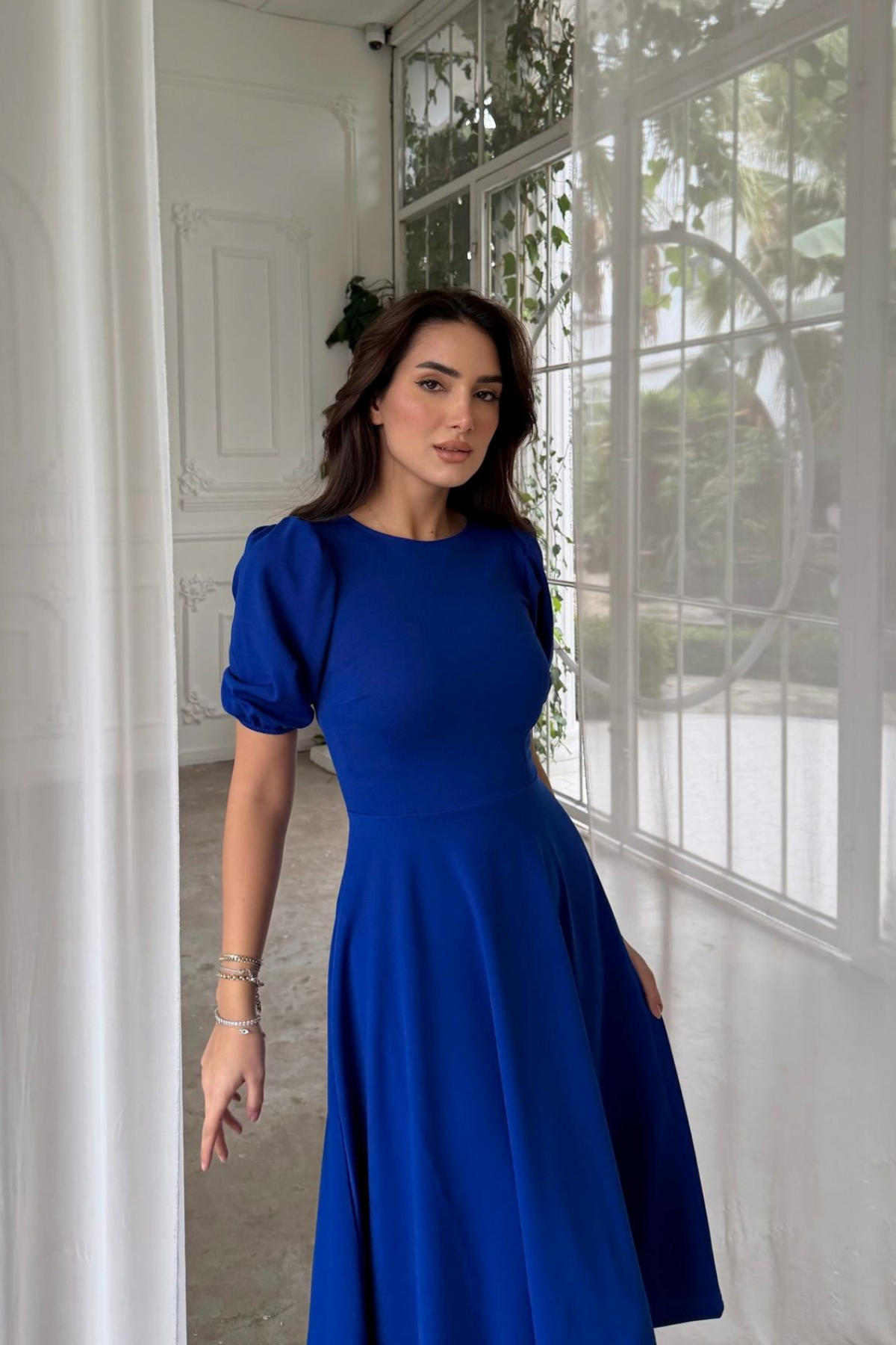 Öykü Karpuz Kol Midi Elbise 583151 SAKS MAVİSİ