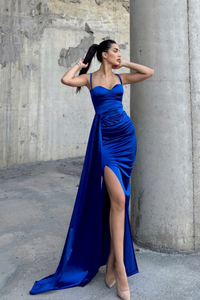 Pamela Yırtmaç Detay Kuyruklu Abiye 582234 SAKS MAVİSİ