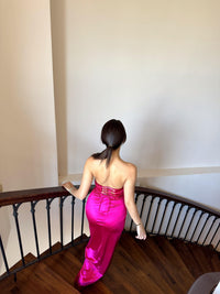 Pamira Ön Düğüm Detay Straplez Saten Abiye 582836 FUŞYA