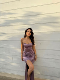 Pamira Ön Düğüm Detay Straplez Saten Abiye 582836 LİLA