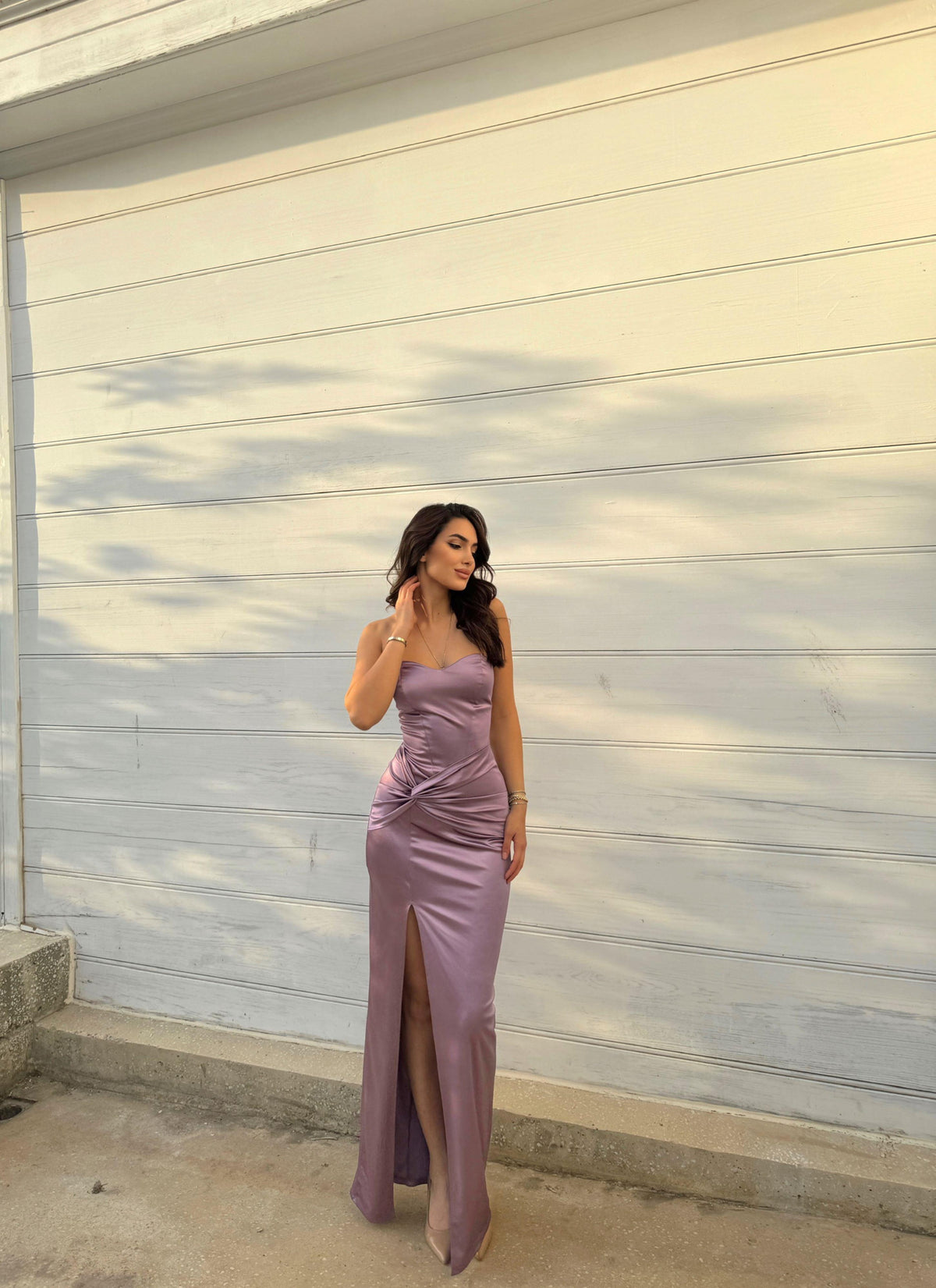 Pamira Ön Düğüm Detay Straplez Saten Abiye 582836 LİLA