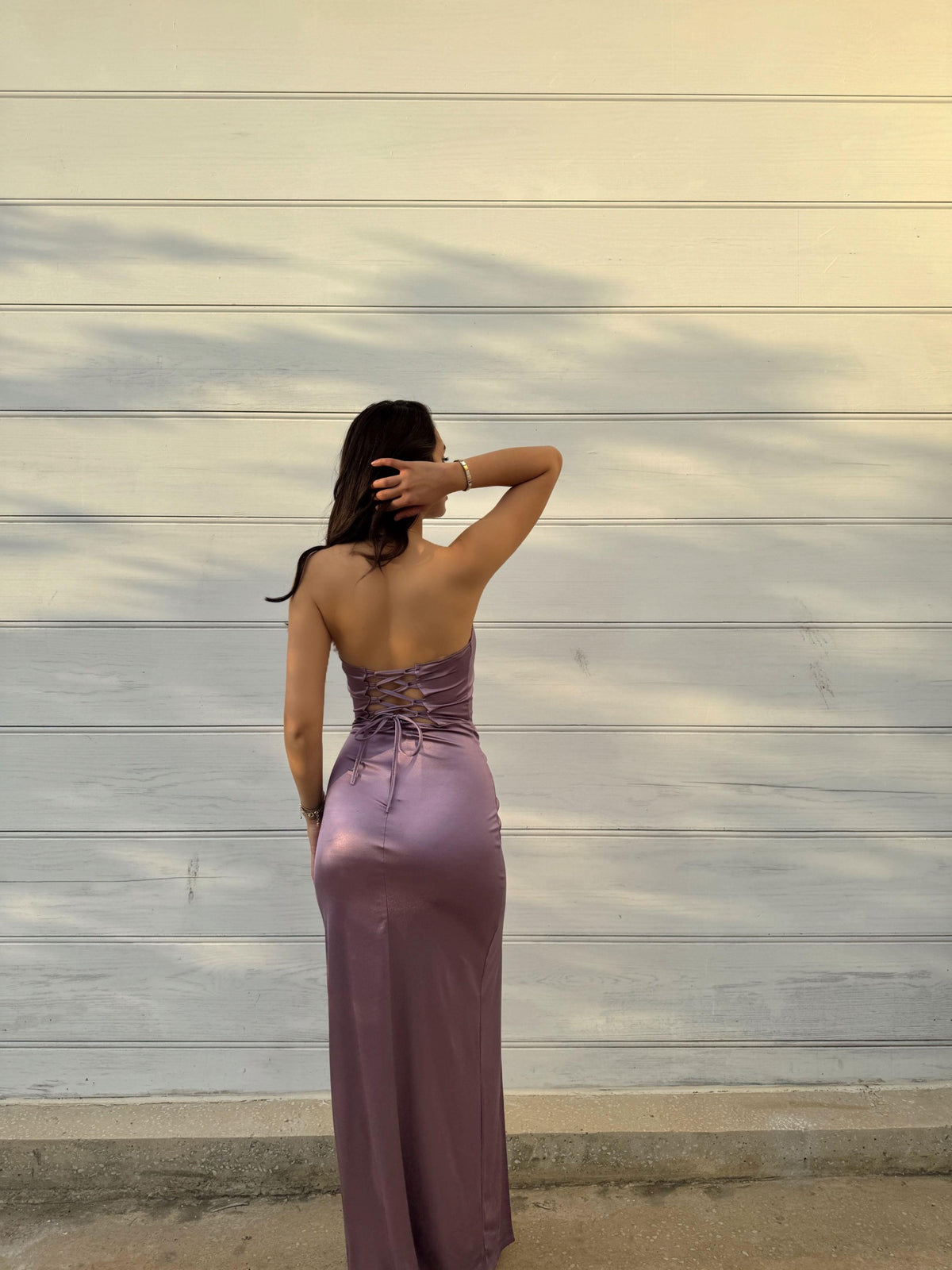 Pamira Ön Düğüm Detay Straplez Saten Abiye 582836 LİLA