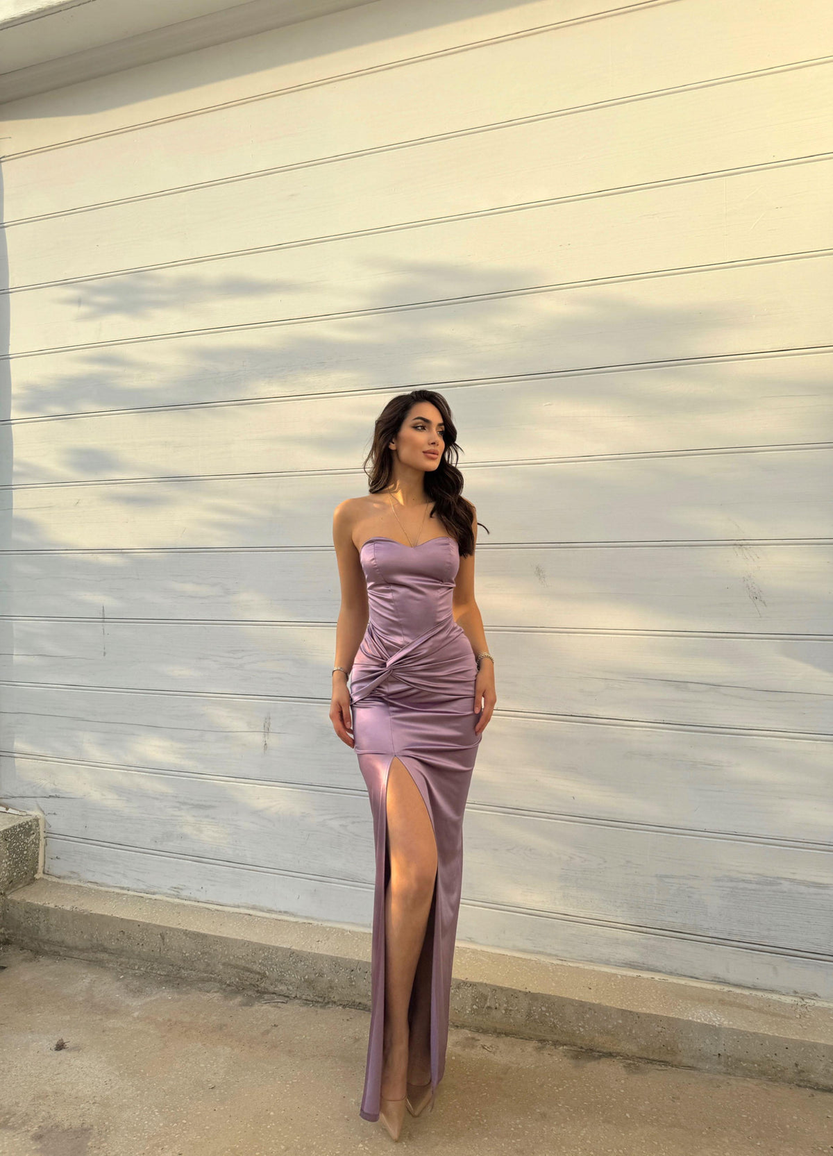 Pamira Ön Düğüm Detay Straplez Saten Abiye 582836 LİLA