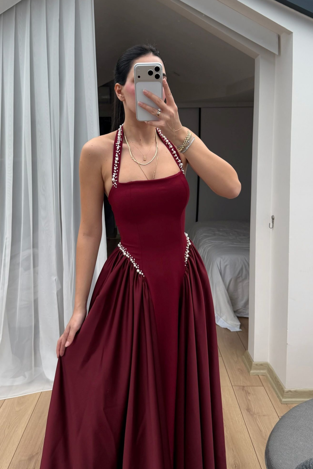 Parla Askılı İnci Detay Abiye 8459 BORDO
