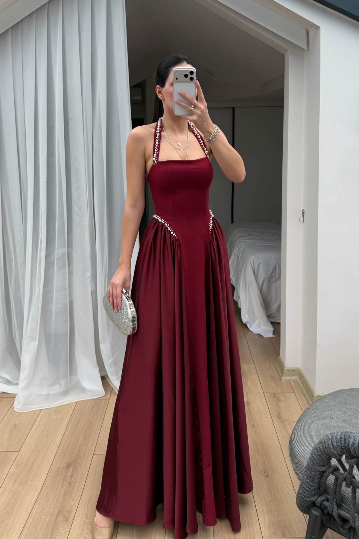 Parla Askılı İnci Detay Abiye 8459 BORDO
