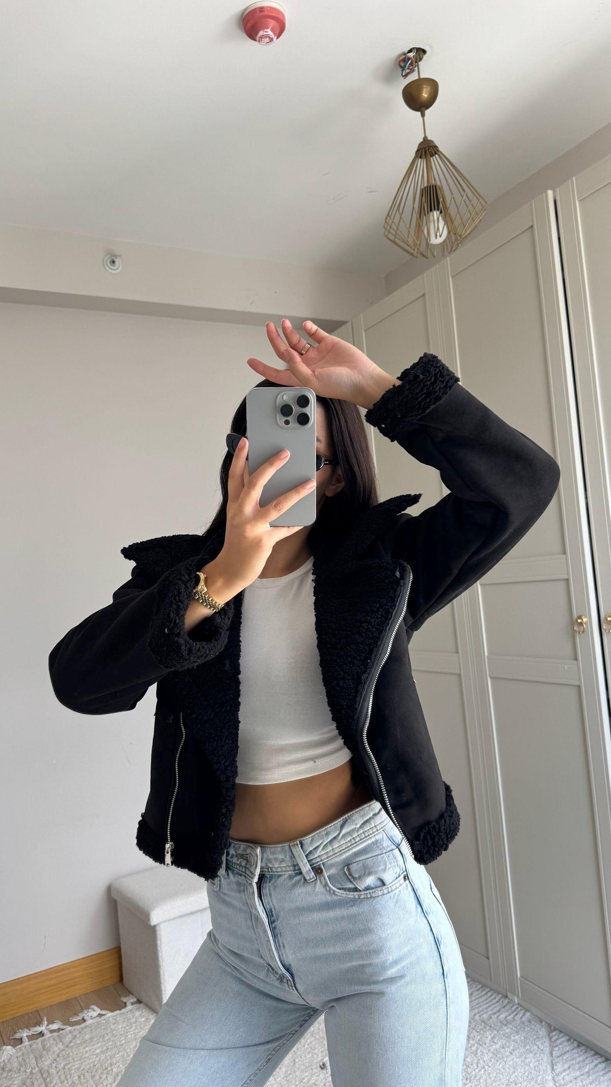 Peluş Kaplama Süet Crop Kaban Siyah