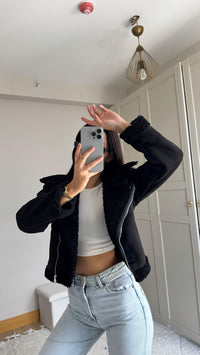 Peluş Kaplama Süet Crop Kaban Siyah