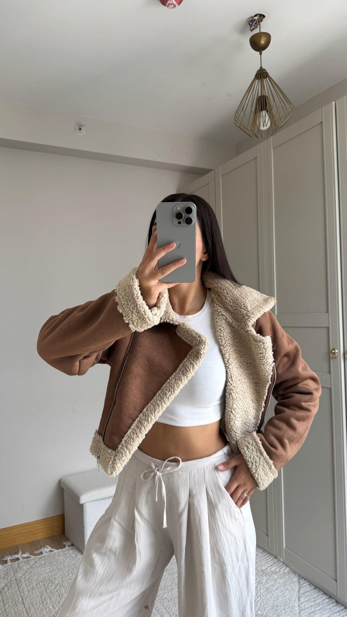 Peluş Kaplama Süet Crop Kaban Taba
