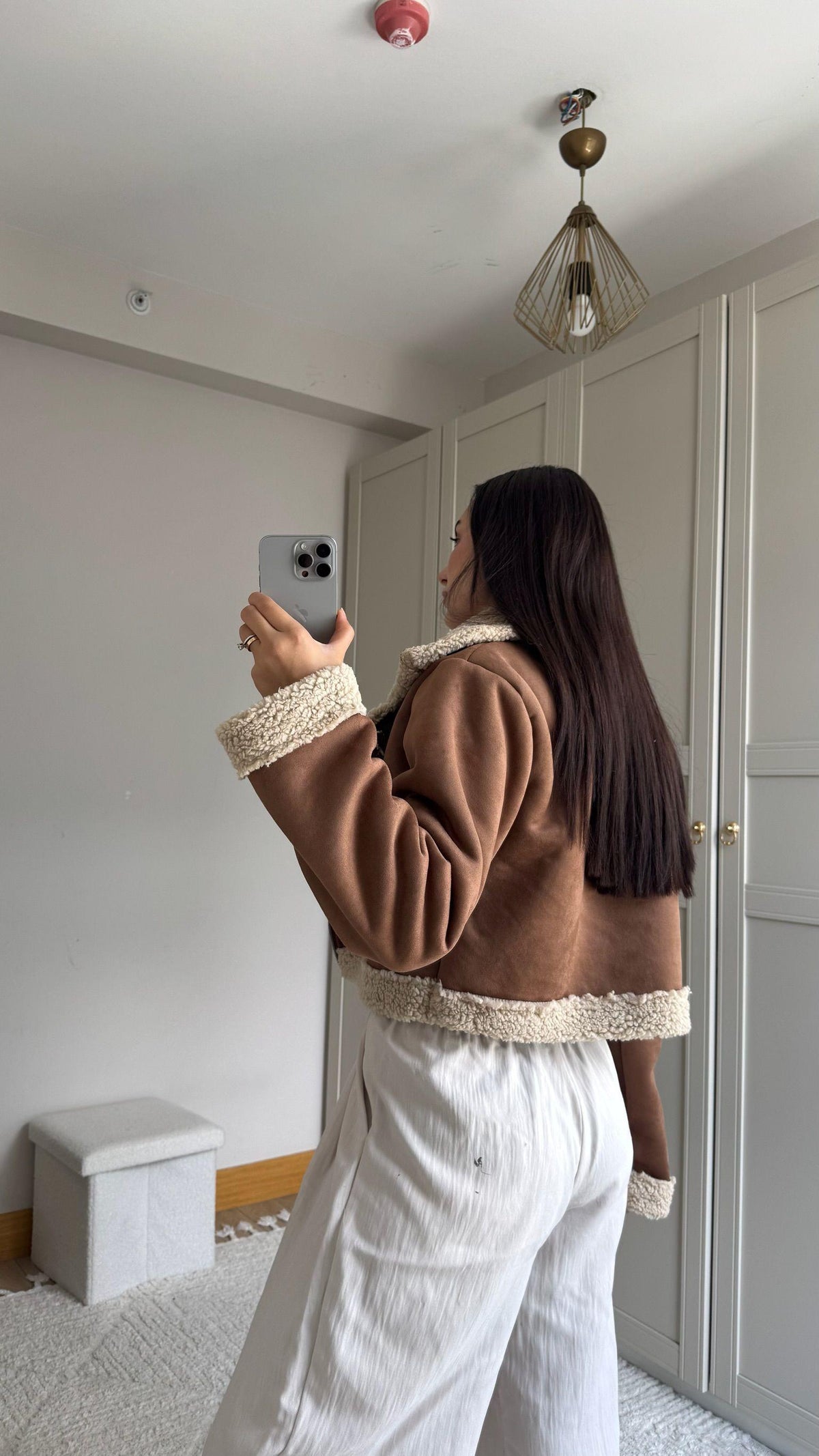 Peluş Kaplama Süet Crop Kaban Taba