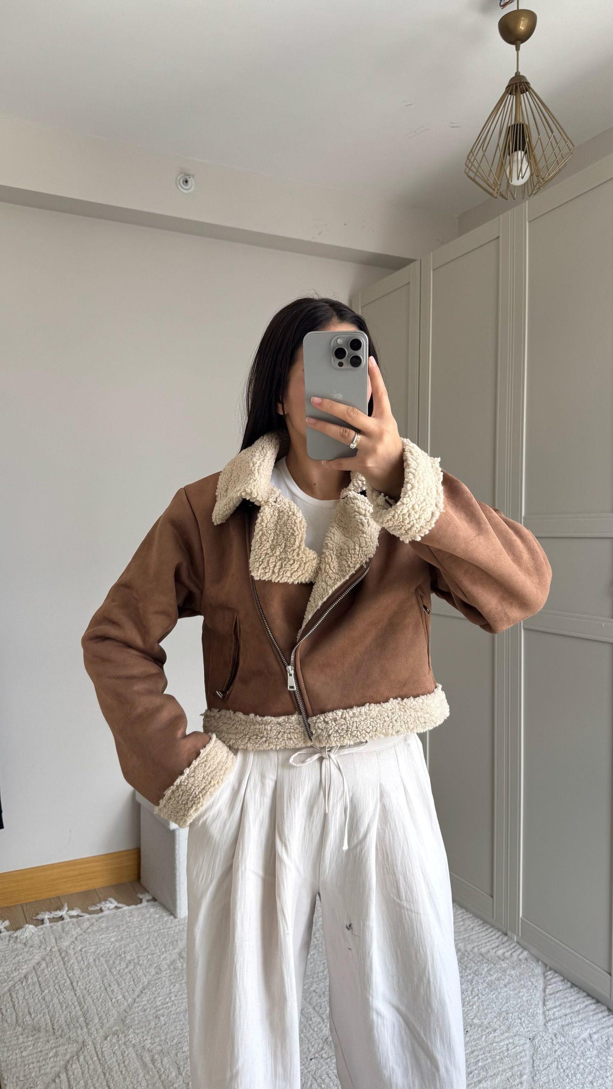 Peluş Kaplama Süet Crop Kaban Taba