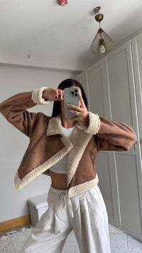 Peluş Kaplama Süet Crop Kaban Taba