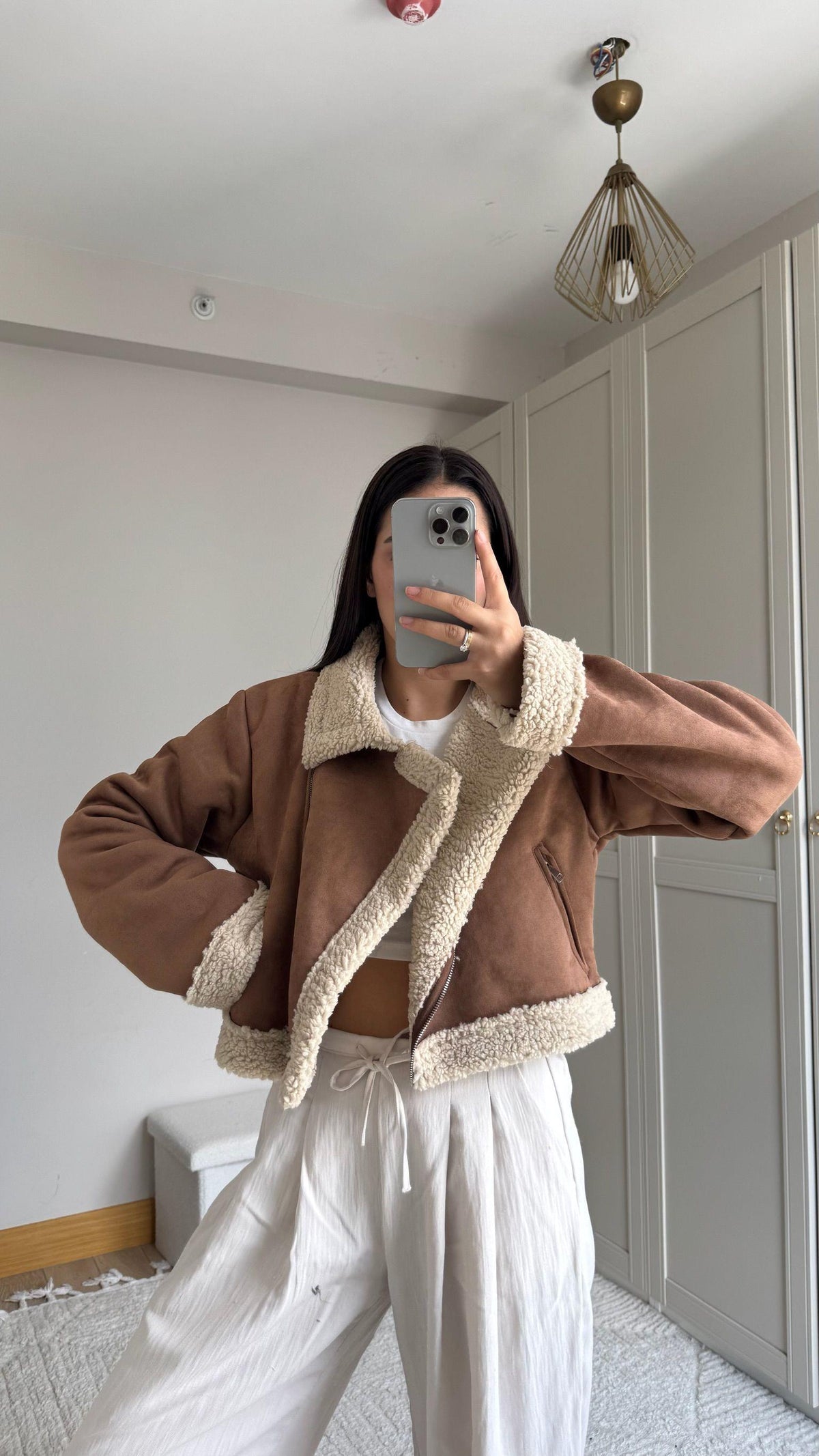 Peluş Kaplama Süet Crop Kaban Taba