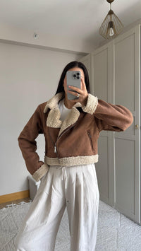 Peluş Kaplama Süet Crop Kaban Taba