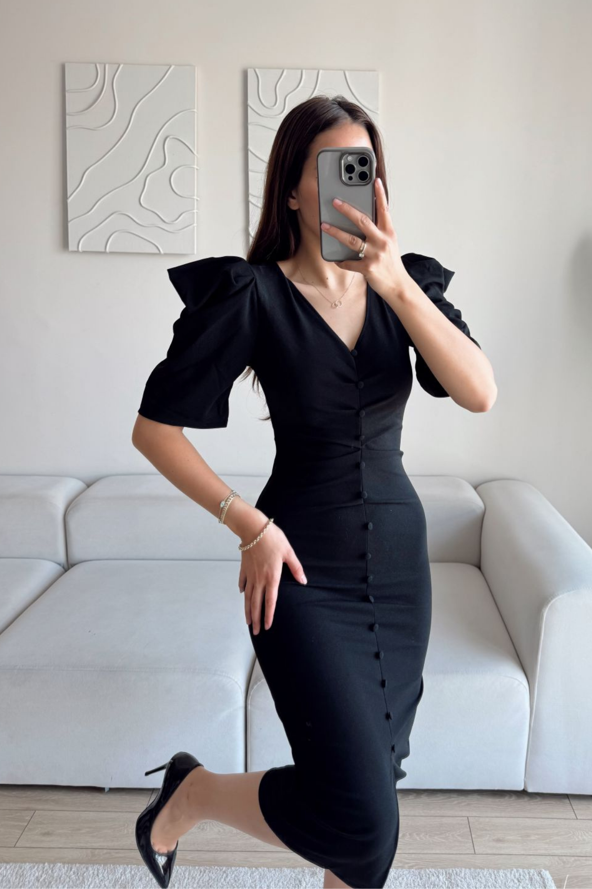 Plenty Düğme Detay Prenses Kol Midi Elbise SİYAH