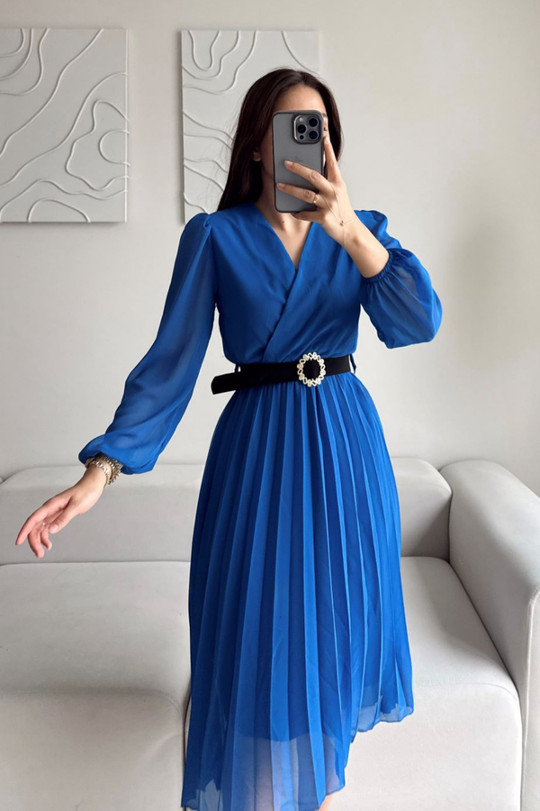 Pliseli Şifon Elbise 3073 SAKS MAVİSİ