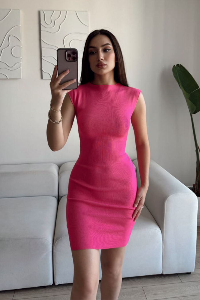 Rheai Yuvarlak Yaka Mini Elbise 7565 FUŞYA
